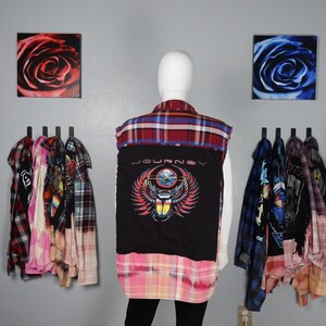 Handmade Upcycled Journey Bleach Dip Distressed Sleeveless Flannel Size L One of a Kind
