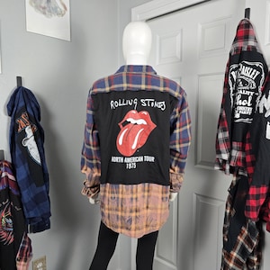 Upcycled Rolling Stones 1975 Tour Flannel Shirt: Distressed Bleach Dip Plaid, Size XL