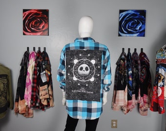 Upcycled Jack Skellington Halloween Flannel Shirt: Distressed Blue Plaid, Size L