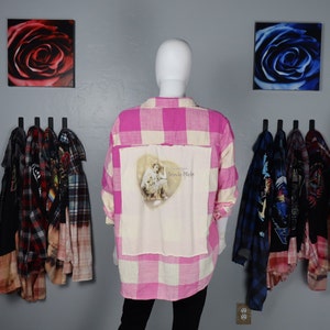Upcycled Stevie Nicks Flannel Shirt: Distressed Bleach Dip Pink Plaid, Size M