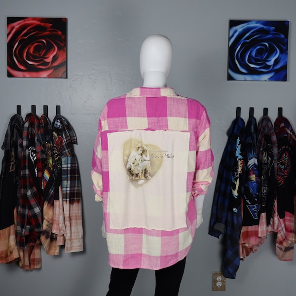 Handmade Upcycled Stevie Nicks Bleach Dip Distressed Flannel Shacket Pink Plaid Size M One of a Kind