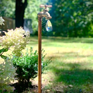 Crystal droplet copper garden art / Metal garden spigot sculpture / Copper garden decor