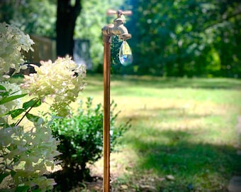 Crystal droplet copper garden art / Metal garden spigot sculpture / Copper garden decor