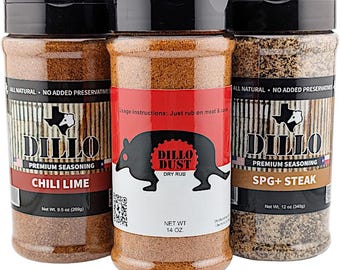 Paquete variado de condimentos Dillo: barbacoa, carne, chile y lima.