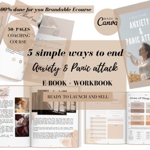 Może przedstawiać: Projekt makiety produktu cyfrowego dla e-booka i zeszytu ćwiczeń zatytułowanego „5 prostych sposobów na zakończenie lęku i ataków paniki”. Okładka przedstawia kobietę z uniesionymi rękami, brzoskwiniowe tło i tekst „Made in Canva”. E-book i zeszyt ćwiczeń są otwarte, aby ujawnić strony z tekstem i ilustracjami. Tekst „50+ Pages Coaching Course” jest widoczny na okładce e-booka.