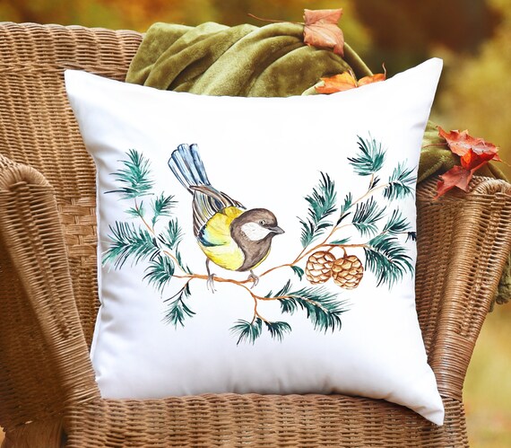 Christmas Bird Pillow Covers and Inserts, Winter Throw Pillow, Winter Tits  on Pine Cardinal Holly, Christmas Home Decorations Accent Pillows 