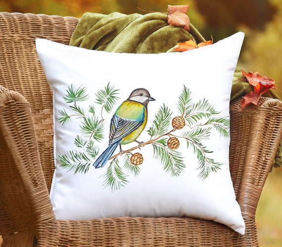 Christmas Bird Pillow Covers and Inserts, Winter Throw Pillow, Winter Tits  on Pine Cardinal Holly, Christmas Home Decorations Accent Pillows 