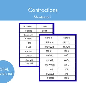 Könnte beinhalten: Ein digitaler Download mit zwei blau umrandeten Tabellen mit Kontraktionsbeispielen. Die obere Tabelle listet Kontraktionen wie "can't" und "don't" auf. Die untere Tabelle enthält Kontraktionen wie "here's" und "didn't".