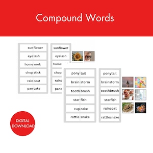 Può includere: Un'immagine digitale con il titolo "Compound Words" su sfondo rosso. Presenta coppie di parole come "sun flower" e "sunflower" in riquadri rettangolari. Un cerchio rosso con "DIGITAL DOWNLOAD" è in basso a sinistra.
