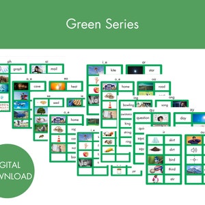 Può includere: Serie verde di flashcard con immagini e parole per l'apprendimento della fonetica. Le carte presentano parole come 'kite', 'star', 'home', 'road', 'bowling', 'swim', 'king', 'question', 'day', 'string', 'ring', 'skirt', 'dirt', 'bird', 'third', 'loud', 'sound', 'south', 'mountain'.