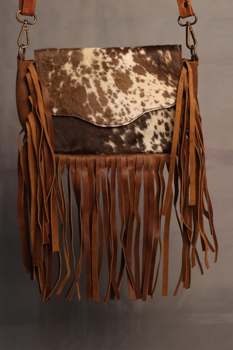 Cowhide Crossbody Shoulder Bag Purse with Fringes-Western Handbag Tooled Leather Dark Brown Messenger Bag-Minimalist Cowhide Satchel Bag