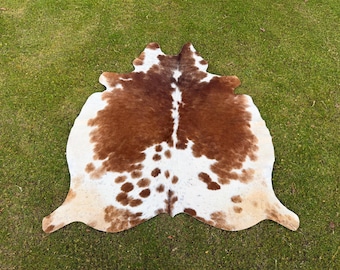 Handmade Brown & White Cow Hide Rug-Large Brazilian Cow Skin Floor Area Rug-Genuine Hair On Hide For Living Room-Ideal Gift For Home Decor