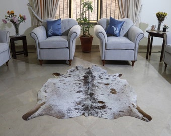 Unique Cowhide Rug, Brown Speckled Cow Skin Rug, Luxurious Living Room Area Rug, Brown & White Fur Cowhide Rug, Tricolor Rug for Home Decor