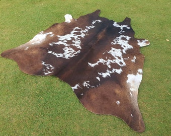 Cowhide Tricolor real cow skin rug - Brown white natural cowhide area rug - Gift for mam - Animal skin custom-made rug for bedroom