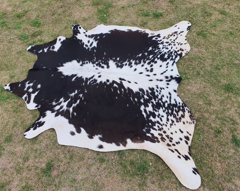 May include: Black and white cowhide rug with a spotted pattern. The rug is laid out on a grassy surface.