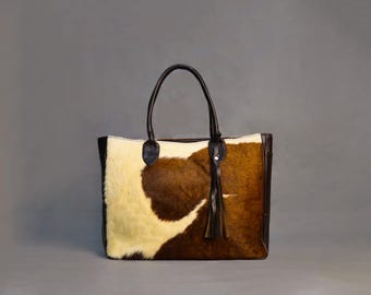 Exclusive Large Cowhide Tote Bag-Hair On Ladies Tote Handbag-Genuine Cowhide Leather Purse Bag-Carryall Cowhide Tote Shoulder Bag-Ideal Gift