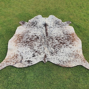 Brown and White Tricolor Cowhide Rugs for Home Decor - Hair on Speckled Cowhide Rugs - Large Floor Area Cowhides - Real Tricolor Cowhide Rug