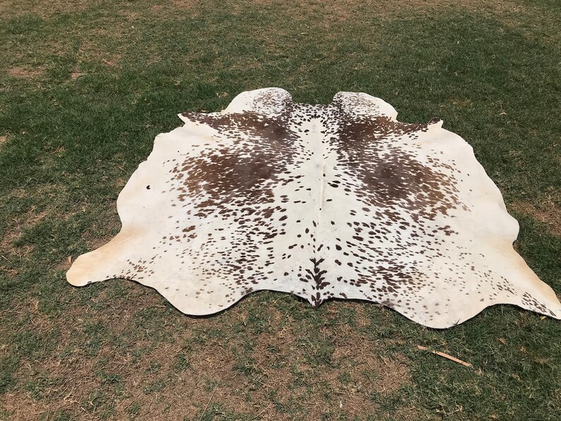 May include: A white cowhide rug with brown spots. The rug is laid out on a green grassy surface.