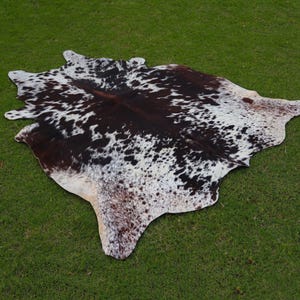 Brown and White Real Cowhide Rug - Hair on Brazilian Cowhide for Home Decor - Large Cowhide Floor Area Rug - Brindle Tricolor Cow Skin Rugs