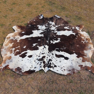 Tricolor Cowhide-Genuine Brown and White Cow Skin-Brazillian Area Rug-Hair on Cowhide for Living Room- Western Cowhide Decor-Panda Print Rug