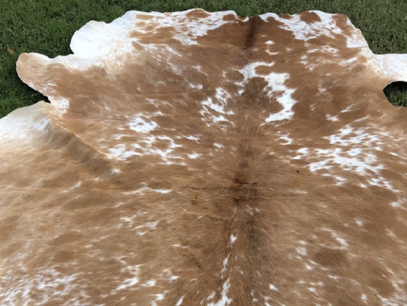 Pode incluir: Um tapete de pele de vaca marrom e branco com um padr&atilde;o natural manchado.