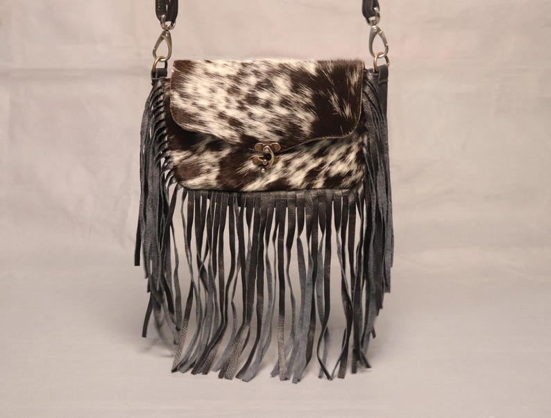 Cowhide Crossbody Shoulder Bag Purse with Fringes-Western Handbag Tooled Leather Dark Brown Messenger Bag-Minimalist Cowhide Satchel Bag