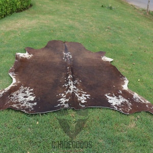 Op de afbeelding: Een bruin en wit koeienhuidkleed met een natuurlijk, gevlekt patroon. Het kleed ligt op een groene grasmat.