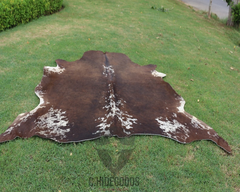 Op de afbeelding: Een bruin en wit koeienhuidkleed met een natuurlijk, gevlekt patroon. Het kleed ligt op een groene grasmat.