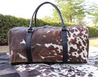 Hair On Cowhide Duffel Bag, Cowhide Leather Holdall, Travel Bag, Gym Luggage Bag, Weekender Overnight Bag, Personalised Gift for Him/ Her