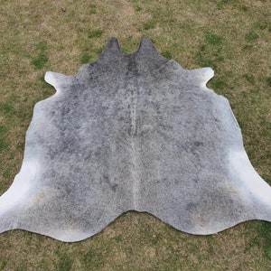 May include: A gray and white cowhide rug with a natural, spotted pattern. The rug is laid out on a green grassy surface.
