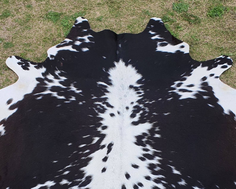 May include: Black and white cowhide rug with a spotted pattern. The hide is soft and supple, with a natural sheen.