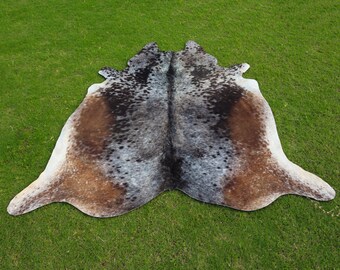 Tricolor Cowhide Rug–Authentic Brown Black White Brazilian Cow Skin Rug–Natural Large Hair on Hide Area Rug–Rustic Farmhouse Boho Home Decor