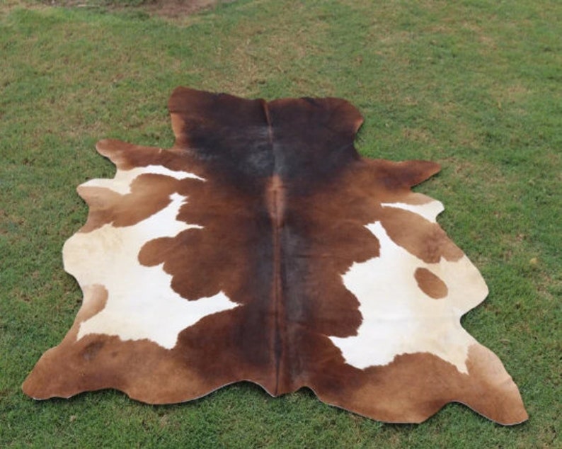 May include: A brown and white cowhide rug with a natural, rustic look. The hide is soft and supple, with a unique pattern of brown and white patches.