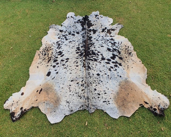 Black spotted cowhide rug with hair on hide- Natural cowhide carpet for living room - Large Floor cow rug-  Animal skin rug