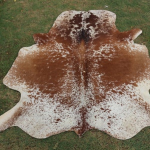 May include: A brown and white cowhide rug with a spotted pattern. The rug is laid out on a green grassy surface.