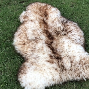 Puede incluir: Una alfombra de piel de oveja blanca con marcas marrones. La alfombra está colocada sobre una superficie de hierba verde.