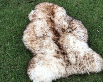 Real Icelandic sheepskin rug - genuine sheepskin rug-100% natural brown and cream pelt- Super soft sheep skin throw rug