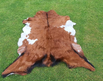Genuine Goatskin Hide Brown & White, Brown Original Goatskin Rug Pelt, Animal Skin Rug, Living Room Area Rug, Bedroom Aesthetic Leather Rug