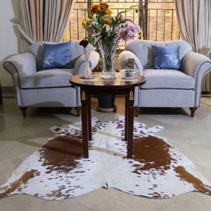 Genuine Brown and White Cowhide Rug-Exclusive Hair on Cowhide Rug for Rustic Home Decor-Brazilian Cowhide Floor Area Rug-Large Cowhide Rug