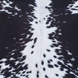 May include: Black and white cowhide with a distinctive pattern of irregular white spots on a black background.
