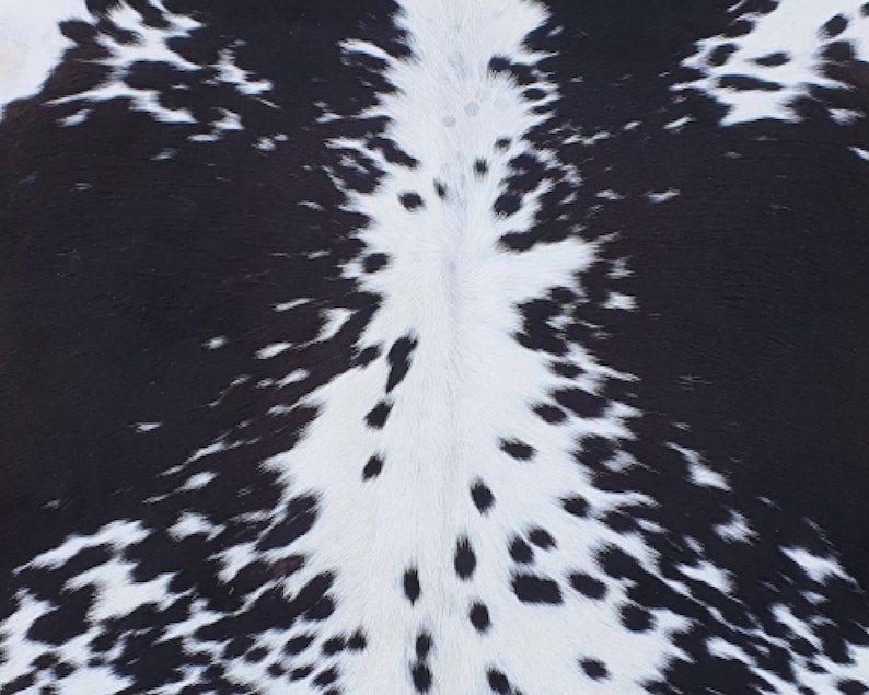 May include: Black and white cowhide with a distinctive pattern of irregular white spots on a black background.
