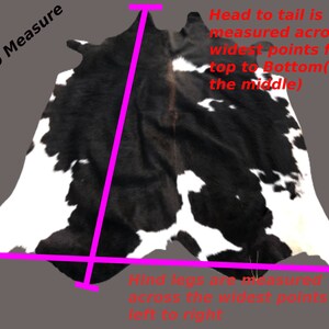 May include: A black and white cowhide rug with instructions on how to measure it. The text says "How to Measure" and "Head to tail is measured across the widest points from top to bottom (not the middle)".