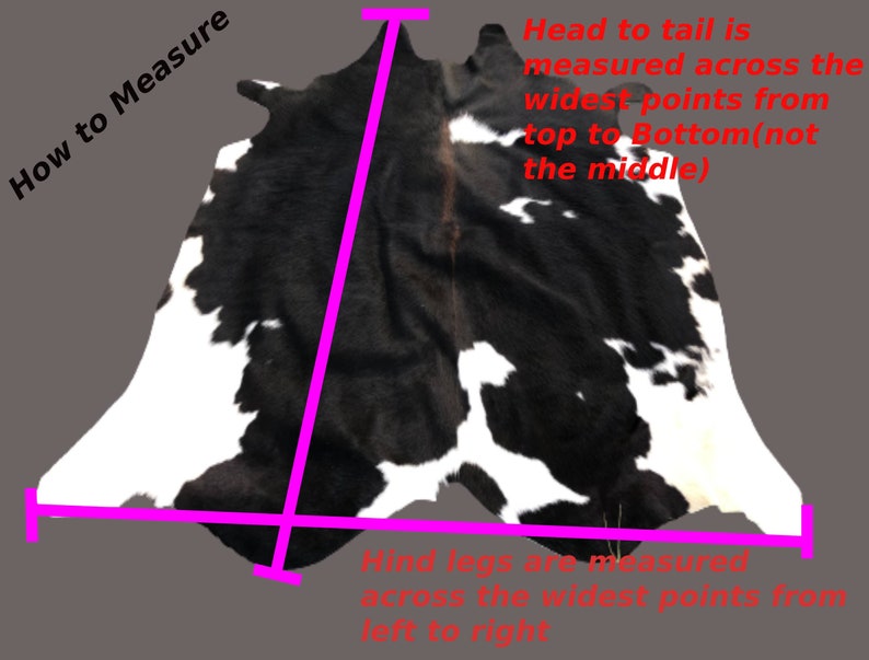 May include: A black and white cowhide rug with instructions on how to measure it. The text says "How to Measure" and "Head to tail is measured across the widest points from top to bottom (not the middle)".