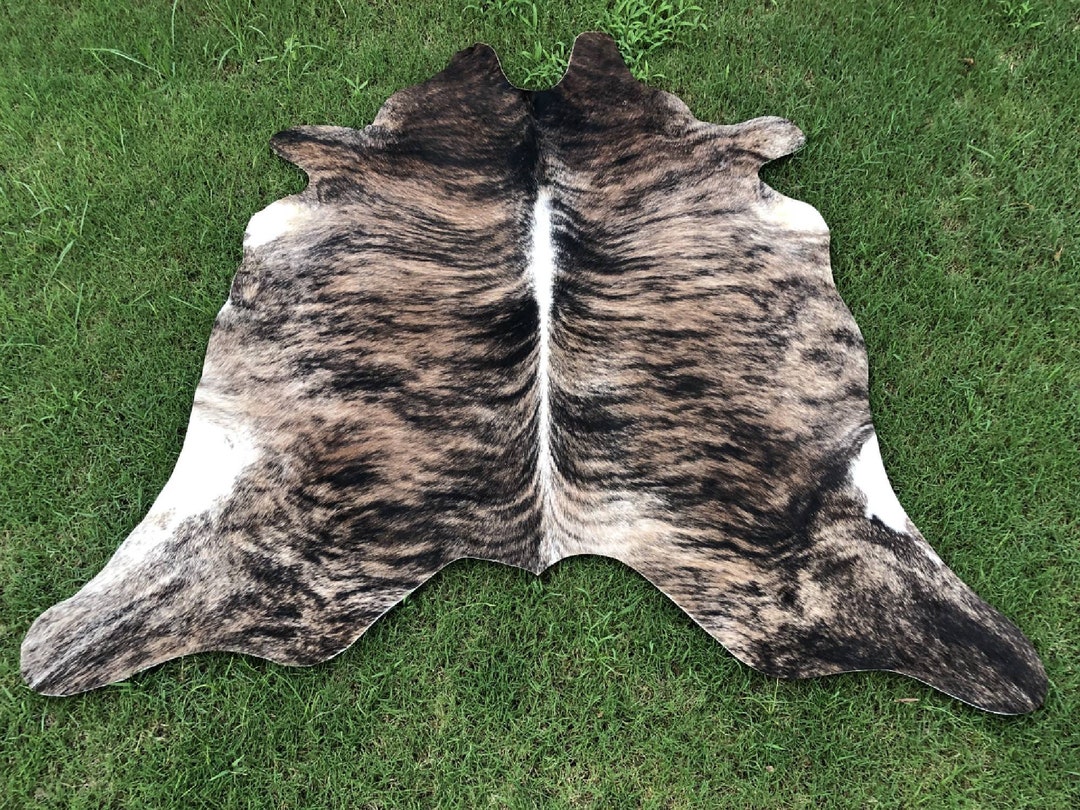 Brown Brindle Cowhide Rug Handmade Leather Tricolor Cowhide Rug Vintage