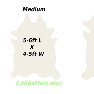 Op de afbeelding: Een grafiek die de verschillende maten van koeienhuidtapijten laat zien. De grafiek toont drie maten: klein, middel en groot. Elke maat wordt weergegeven door een witte omtrek van een koeienhuidtapijt met de afmetingen van het tapijt erin geschreven. De afmetingen worden in voet gegeven. De grafiek heeft de titel "Rug Size Chart".
