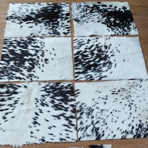 Puede incluir: Un conjunto de piezas rectangulares de piel de vaca, cada una con un patr&oacute;n &uacute;nico de manchas negras sobre fondo blanco. Las pieles est&aacute;n dispuestas sobre una superficie de madera, mostrando sus texturas y variaciones naturales.