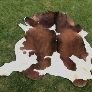 Op de afbeelding: Een bruin en wit koeienhuidkleed met een natuurlijke, onregelmatige vorm. De huid is zacht en soepel, met een rijke bruine kleur en witte vlekken.
