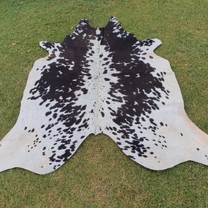 Black spotted Large Cowhide rug - Black White Floor Area Rug for Living Room cowhide décor - Animal Print Rug With Hairs on Hide