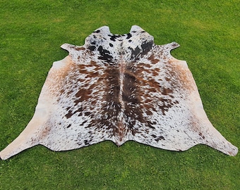 Tricolor Brazilian Cowhide Rug-Large Brown White Black Speckled Cow Skin Rug-Genuine Hair on Hide Floor Area Rug-Rustic Farmhouse Decor Hide