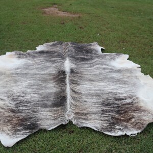 Pode incluir: Um tapete de pele de vaca com um padr&atilde;o branco e cinza. O tapete est&aacute; colocado sobre uma superf&iacute;cie de grama verde.